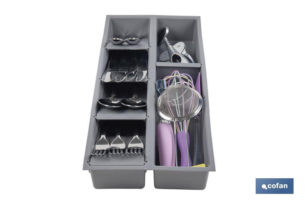 Organizador de cubiertos con separadores para cajón | Cubertero con 7 compartimentos y separadores modulares | Color: gris | Material: polipropileno - Cofan