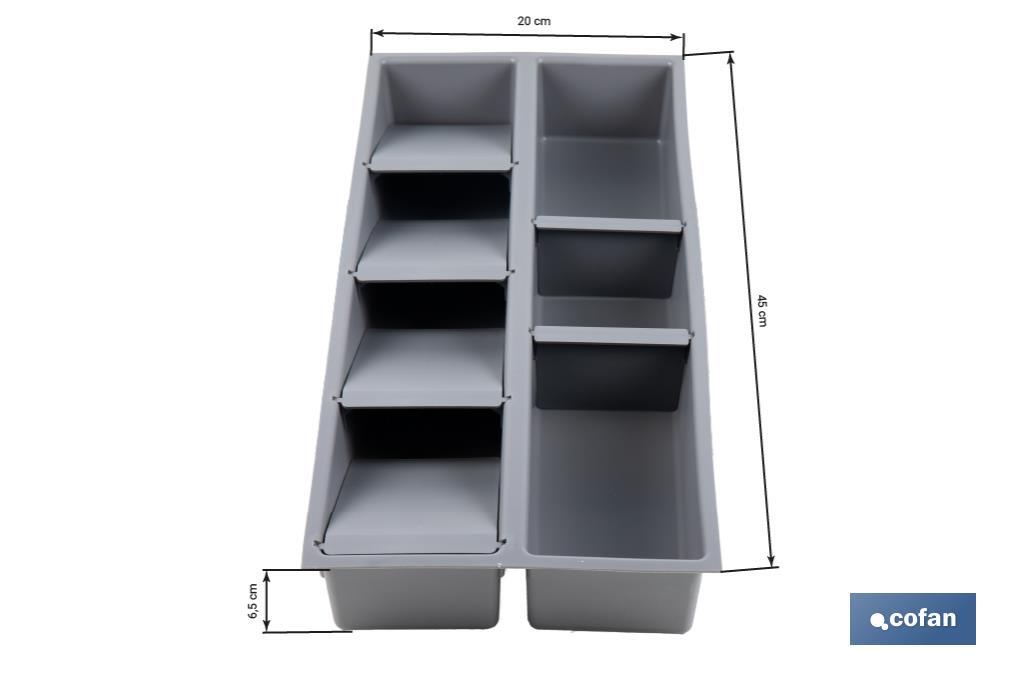 Organizador de cubiertos con separadores para cajón | Cubertero con 7 compartimentos y separadores modulares | Color: gris | Material: polipropileno - Cofan