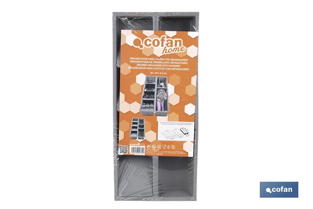 Organizador de cubiertos con separadores para cajón | Cubertero con 7 compartimentos y separadores modulares | Color: gris | Material: polipropileno - Cofan