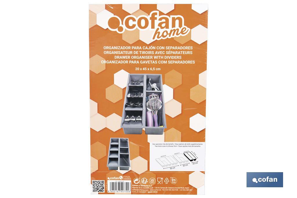 Organizador de cubiertos con separadores para cajón | Cubertero con 7 compartimentos y separadores modulares | Color: gris | Material: polipropileno - Cofan
