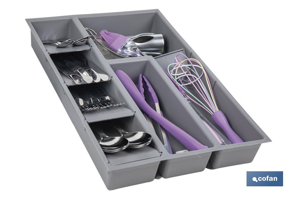 Organizador de cubiertos con separadores para cajón | Cubertero con 8 compartimentos y separadores modulares | Color: gris | Material: polipropileno - Cofan