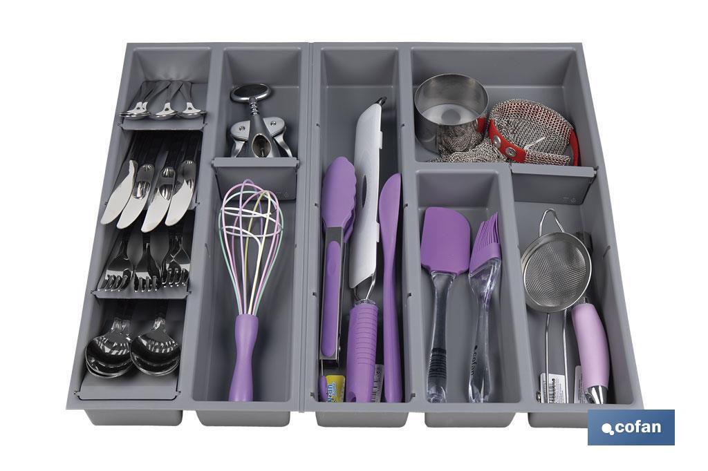 Organizador de cubiertos con separadores para cajón | Cubertero con 11 compartimentos y separadores modulares | Color: gris | Material: polipropileno - Cofan