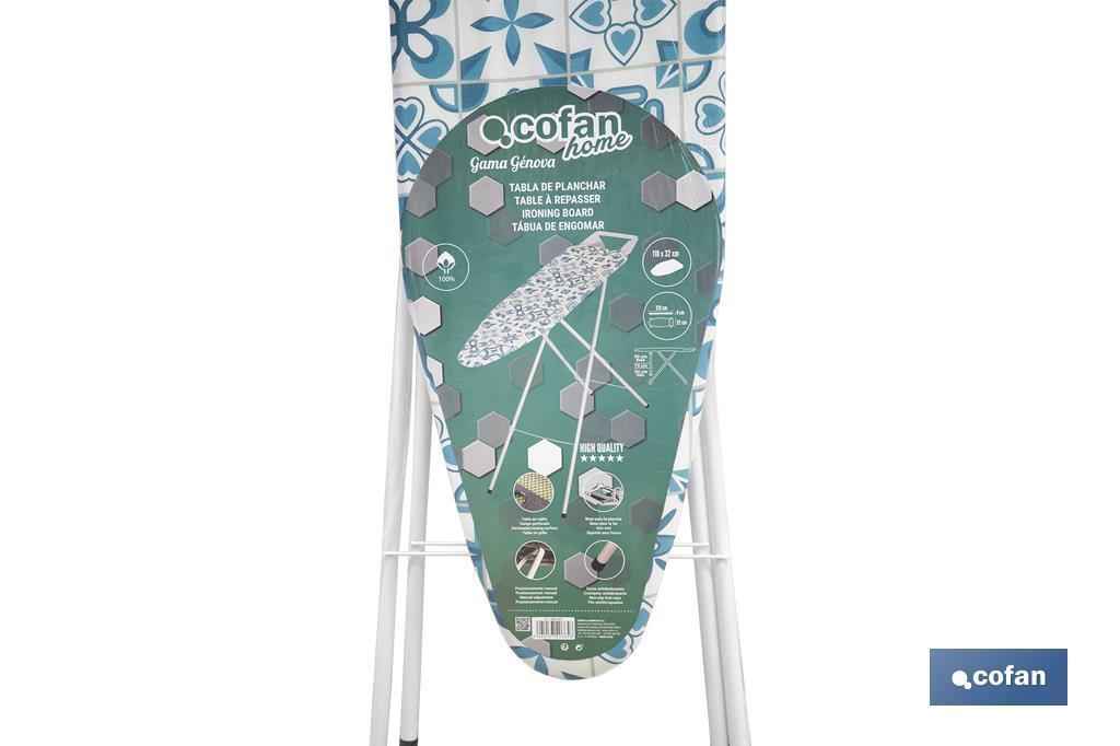 Tabla de planchar | 3 posiciones regulables | Compacta y ajustable | Patas antideslizantes | Medidas: 110 x 32 cm - Cofan