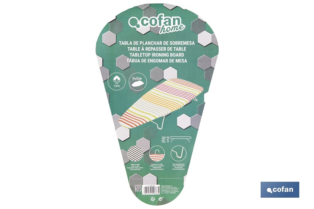 Tabla de planchar de sobremesa | Compacta y ligera | Ideal para viajes y espacios reducidos | Superficie de planchado: 74 x 33 cm - Cofan