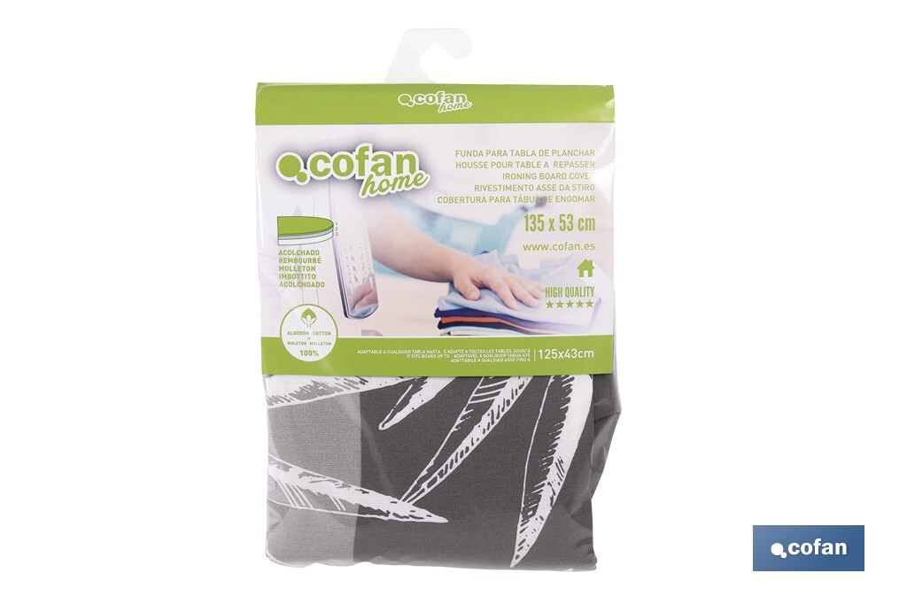 Cushioned ironing board cover | Universal size | White branch pattern | Colour: two-tone grey | Material: 100% cotton | Reflects steam | Size: 135 x 53cm - Cofan