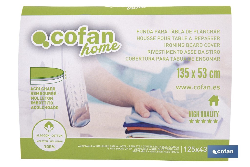 Cushioned ironing board cover | Universal size | White branch pattern | Colour: two-tone grey | Material: 100% cotton | Reflects steam | Size: 135 x 53cm - Cofan