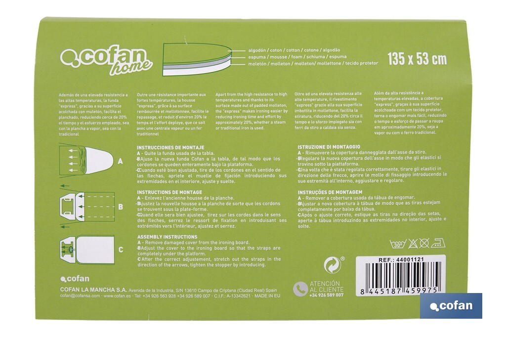 Cushioned ironing board cover | Universal size | White branch pattern | Colour: two-tone grey | Material: 100% cotton | Reflects steam | Size: 135 x 53cm - Cofan