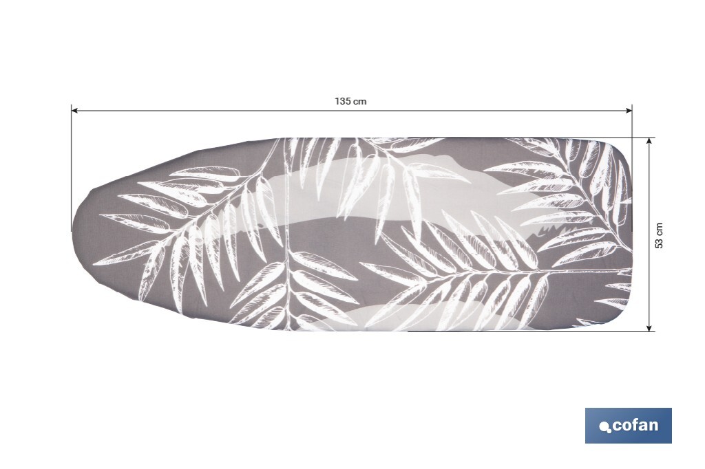 Cushioned ironing board cover | Universal size | White branch pattern | Colour: two-tone grey | Material: 100% cotton | Reflects steam | Size: 135 x 53cm - Cofan