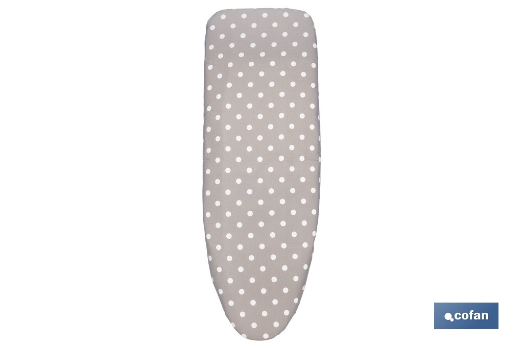 Funda acolchada para tabla de planchar | Tamaño universal | Estampado de lunares blancos y fondo gris | Material: 100 % algodón | Refleja el vapor | Medidas: 135 x 53 cm - Cofan