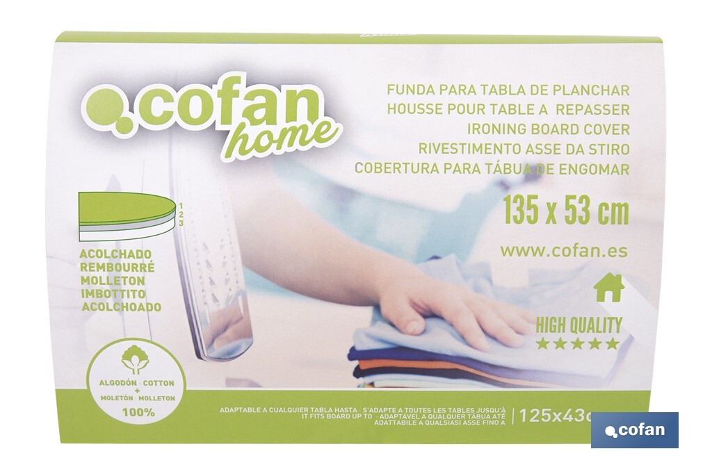 Funda acolchada para tabla de planchar | Tamaño universal | Estampado de lunares blancos y fondo gris | Material: 100 % algodón | Refleja el vapor | Medidas: 135 x 53 cm - Cofan