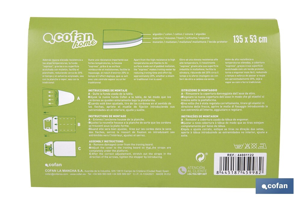 Funda acolchada para tabla de planchar | Tamaño universal | Estampado de lunares blancos y fondo gris | Material: 100 % algodón | Refleja el vapor | Medidas: 135 x 53 cm - Cofan