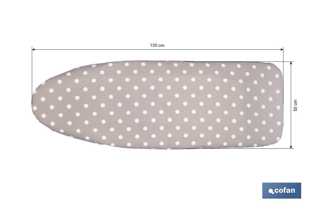 Funda acolchada para tabla de planchar | Tamaño universal | Estampado de lunares blancos y fondo gris | Material: 100 % algodón | Refleja el vapor | Medidas: 135 x 53 cm - Cofan