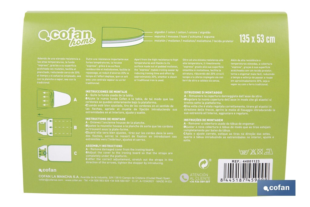 Cushioned ironing board cover | Colour: metallic grey | Material: 100% cotton | Reflects steam | Available in two different sizes - Cofan