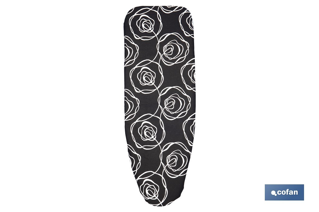 Funda acolchada para tabla de planchar | Tamaño universal con 3 capas | Estampado de rosas negras | Material: 100 % algodón | Refleja el vapor | Medidas: 135 x 53 cm - Cofan