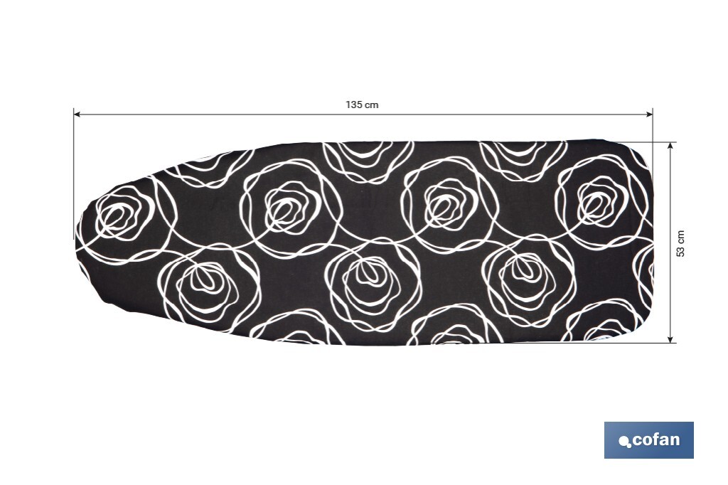 Funda acolchada para tabla de planchar | Tamaño universal con 3 capas | Estampado de rosas negras | Material: 100 % algodón | Refleja el vapor | Medidas: 135 x 53 cm - Cofan