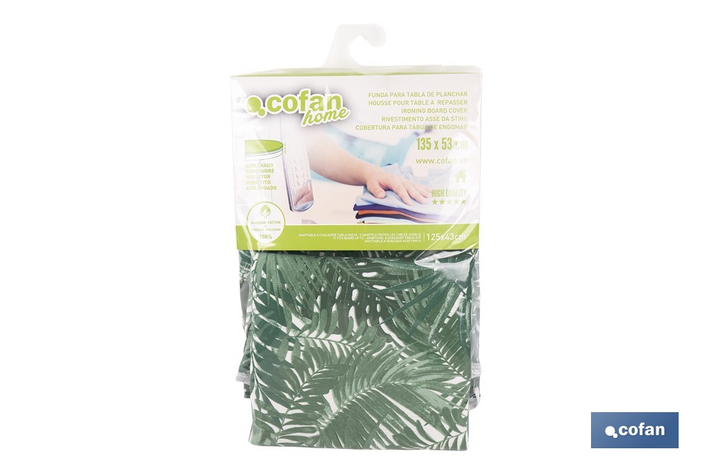 Funda acolchada para tabla de planchar con estampado de ramas verdes | Tamaño universal | Material: 100 % algodón | Refleja el vapor | Medidas: 135 x 53 cm - Cofan