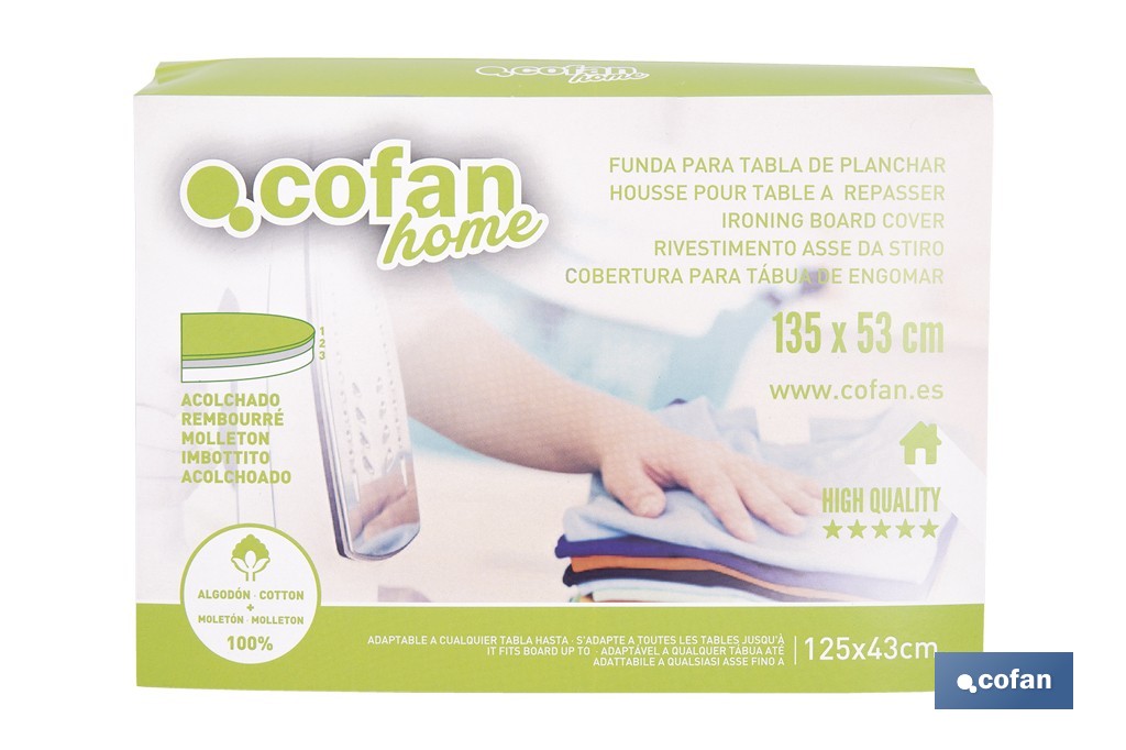 Funda acolchada para tabla de planchar con estampado de ramas verdes | Tamaño universal | Material: 100 % algodón | Refleja el vapor | Medidas: 135 x 53 cm - Cofan