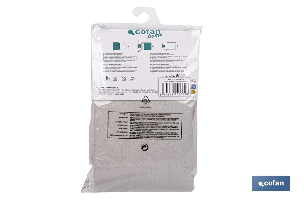 Cushioned ironing board cover | Colour: metallic grey | Material: 100% cotton | Reflects steam | Available in two different sizes - Cofan