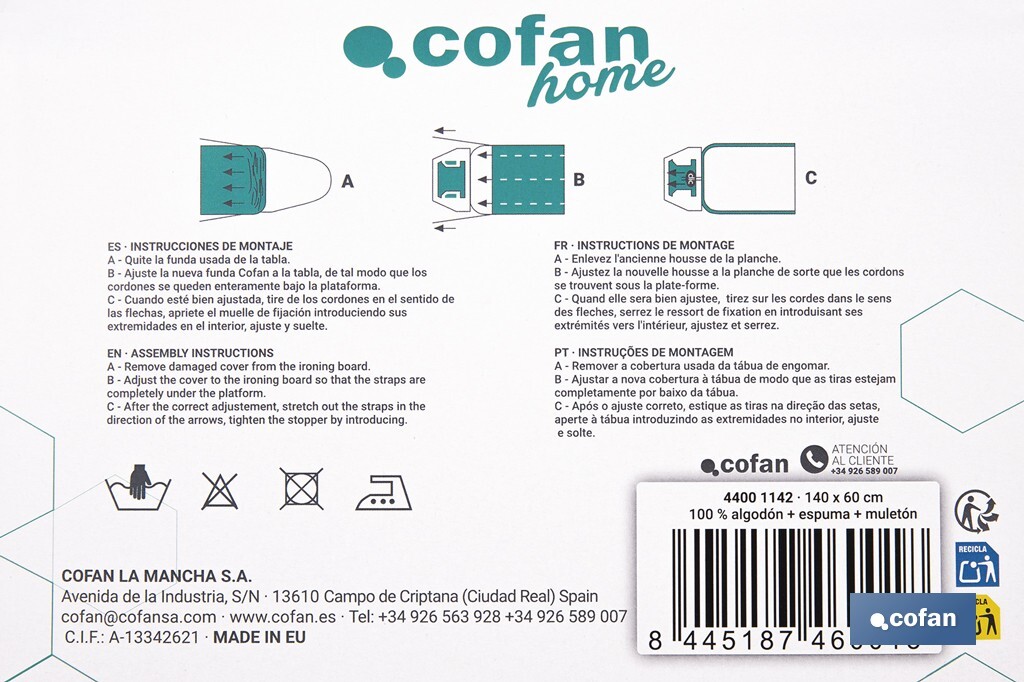 Cushioned ironing board cover | Colour: metallic grey | Material: 100% cotton | Reflects steam | Available in two different sizes - Cofan