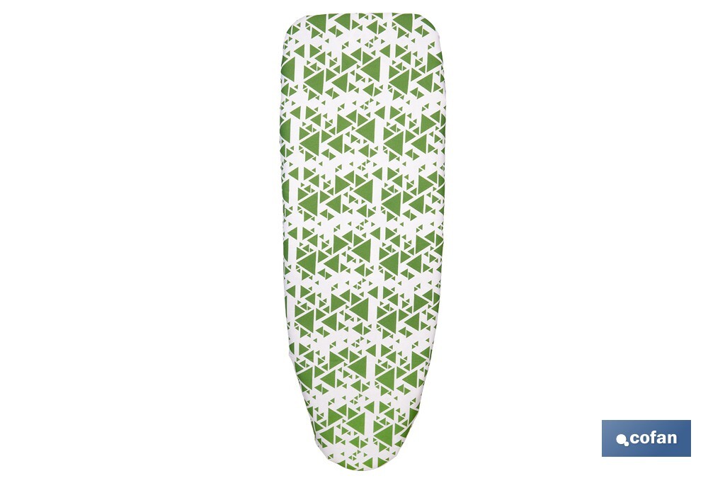 Funda acolchada para tabla de planchar | Tamaño universal | Estampado de triángulos verdes | Material: 100 % algodón | Refleja el vapor | Medidas: 140 x 60 cm - Cofan