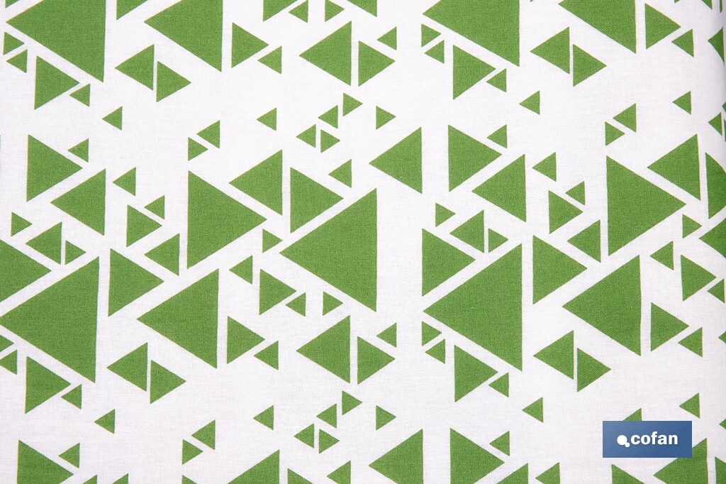 Funda acolchada para tabla de planchar | Tamaño universal | Estampado de triángulos verdes | Material: 100 % algodón | Refleja el vapor | Medidas: 140 x 60 cm - Cofan