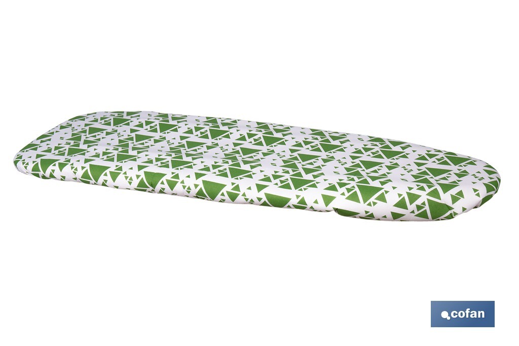 Funda acolchada para tabla de planchar | Tamaño universal | Estampado de triángulos verdes | Material: 100 % algodón | Refleja el vapor | Medidas: 140 x 60 cm - Cofan