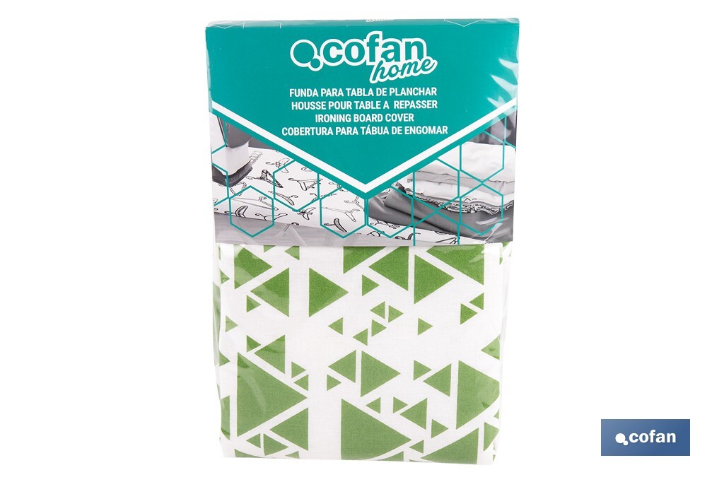 Funda acolchada para tabla de planchar | Tamaño universal | Estampado de triángulos verdes | Material: 100 % algodón | Refleja el vapor | Medidas: 140 x 60 cm - Cofan
