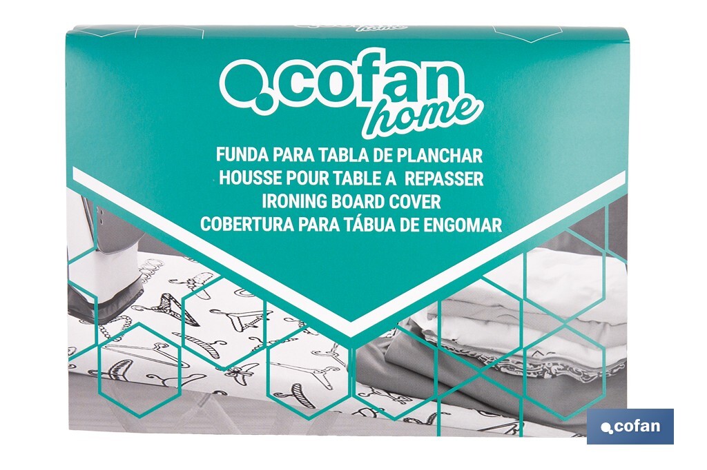 Funda acolchada para tabla de planchar | Tamaño universal | Estampado de triángulos verdes | Material: 100 % algodón | Refleja el vapor | Medidas: 140 x 60 cm - Cofan