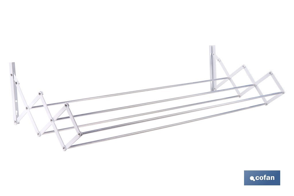 Tendedero de pared extensible en aluminio pulido | Medida: 100 cm | 5 Varillas con 5 metros de área de tendido | Ideal para Interiores y Exteriores - Cofan