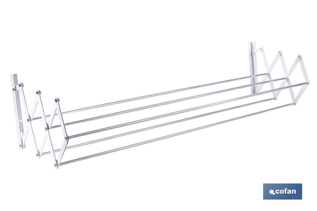 Tendedero de pared extensible en aluminio pulido | Medida: 100 cm | 5 Varillas con 5 metros de área de tendido | Ideal para Interiores y Exteriores - Cofan