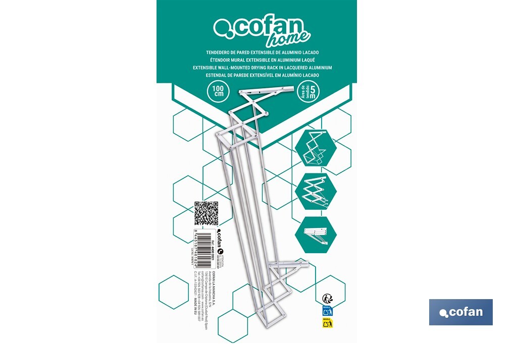 Tendedero de pared extensible en aluminio pulido | Medida: 100 cm | 5 Varillas con 5 metros de área de tendido | Ideal para Interiores y Exteriores - Cofan