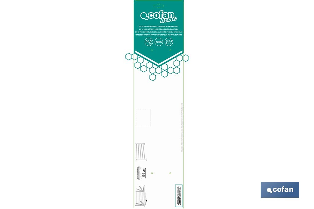 Tendedero de pared abatible | Con 2 soportes metálicos | Ancho de hasta 150 cm | Longitud: 50,5 cm | Incluye tornillos y tacos - Cofan