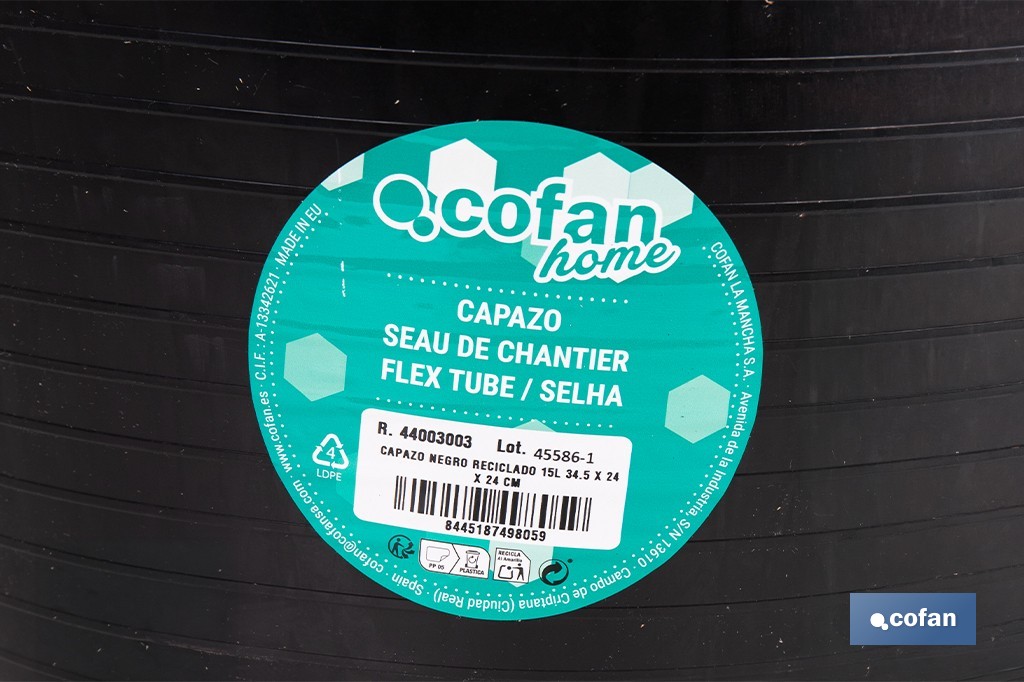 Capazo negro de polietileno reciclado con base plana estable | Adecuado para uso agrícola y construcción, poda, vendimia, apilable | Disponible en varias capacidades - Cofan