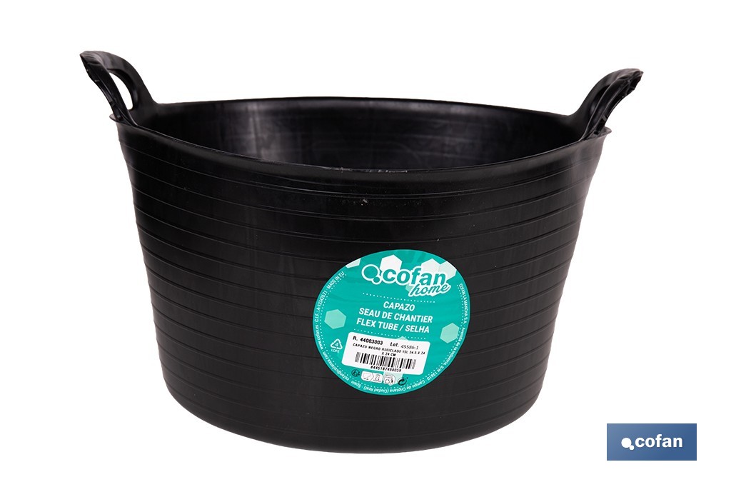 Capazo negro de polietileno reciclado con base plana estable | Adecuado para uso agrícola y construcción, poda, vendimia, apilable | Disponible en varias capacidades - Cofan