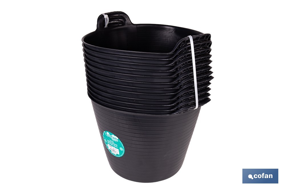 Capazo negro de polietileno reciclado con base plana estable | Adecuado para uso agrícola y construcción, poda, vendimia, apilable | Disponible en varias capacidades - Cofan