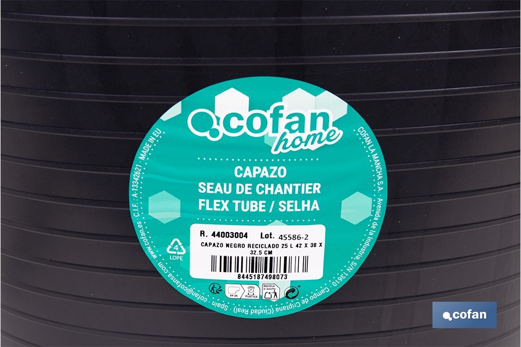 Capazo negro de polietileno reciclado con base plana estable | Adecuado para uso agrícola y construcción, poda, vendimia, apilable | Disponible en varias capacidades - Cofan