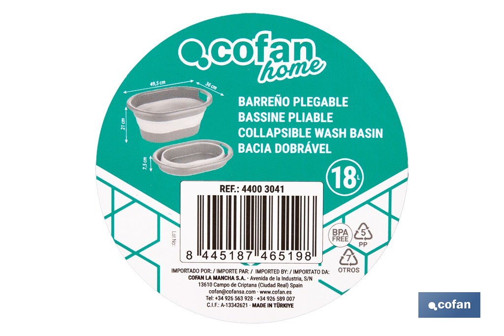 Barreño plegable con 18 litros de capacidad en color gris y blanco | Ahorro de espacio, fácil almacenamiento y transporte - Cofan