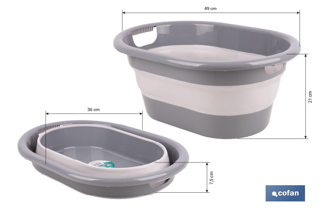 Barreño plegable con 18 litros de capacidad en color gris y blanco | Ahorro de espacio, fácil almacenamiento y transporte - Cofan
