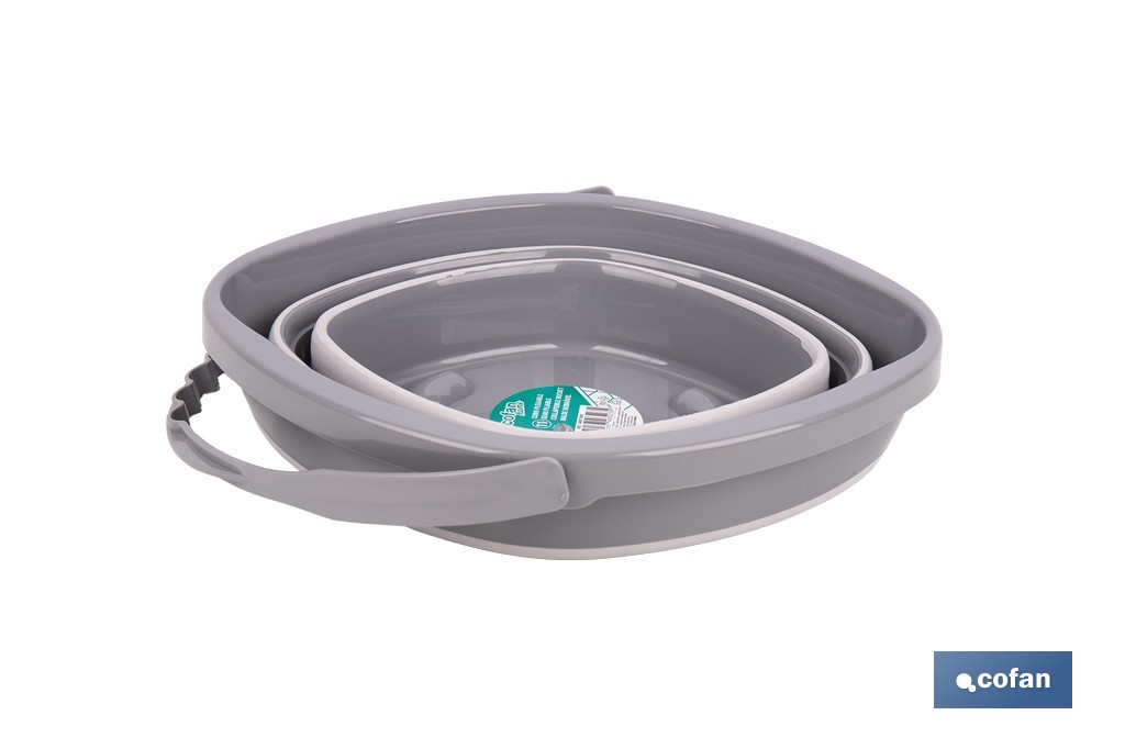 Cubo plegable con asa con 11 litros de capacidad | Color: Gris y blanco | Ahorro de espacio, fácil almacenamiento y transporte - Cofan