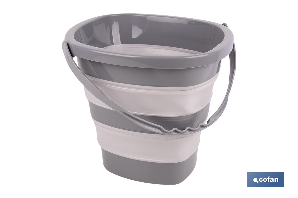 Cubo plegable con asa con 11 litros de capacidad | Color: Gris y blanco | Ahorro de espacio, fácil almacenamiento y transporte - Cofan