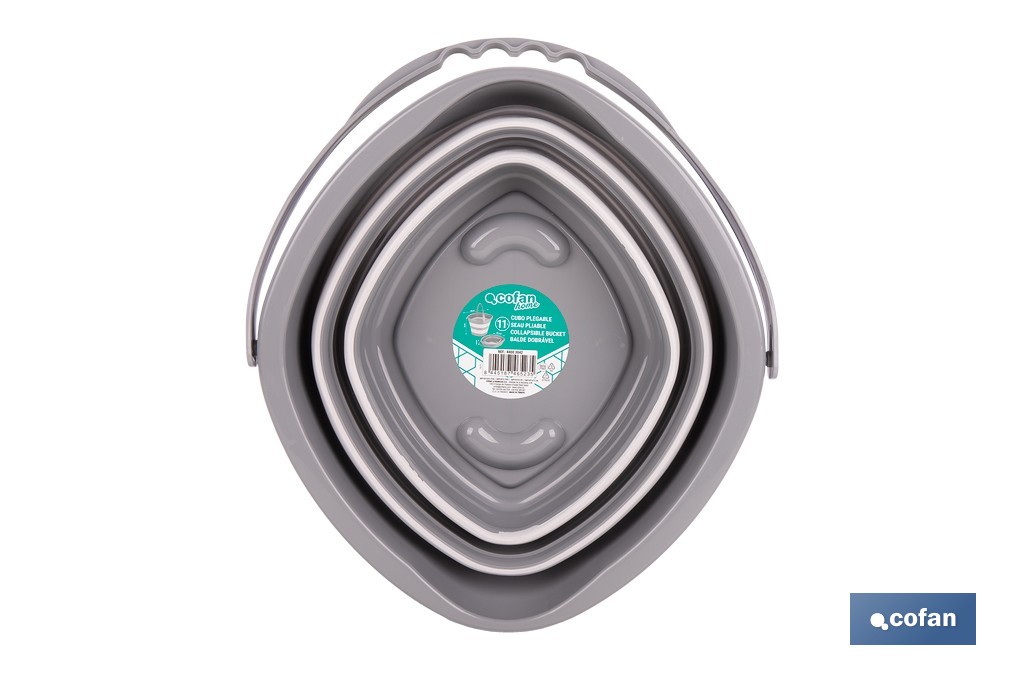 Cubo plegable con asa con 11 litros de capacidad | Color: Gris y blanco | Ahorro de espacio, fácil almacenamiento y transporte - Cofan