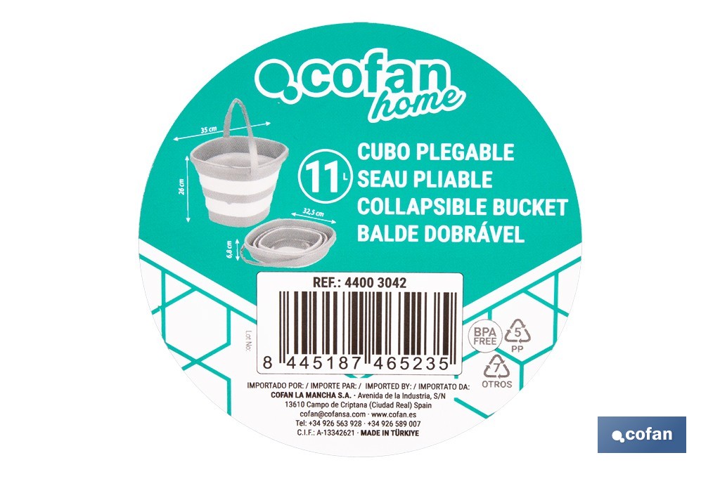 Cubo plegable con asa con 11 litros de capacidad | Color: Gris y blanco | Ahorro de espacio, fácil almacenamiento y transporte - Cofan