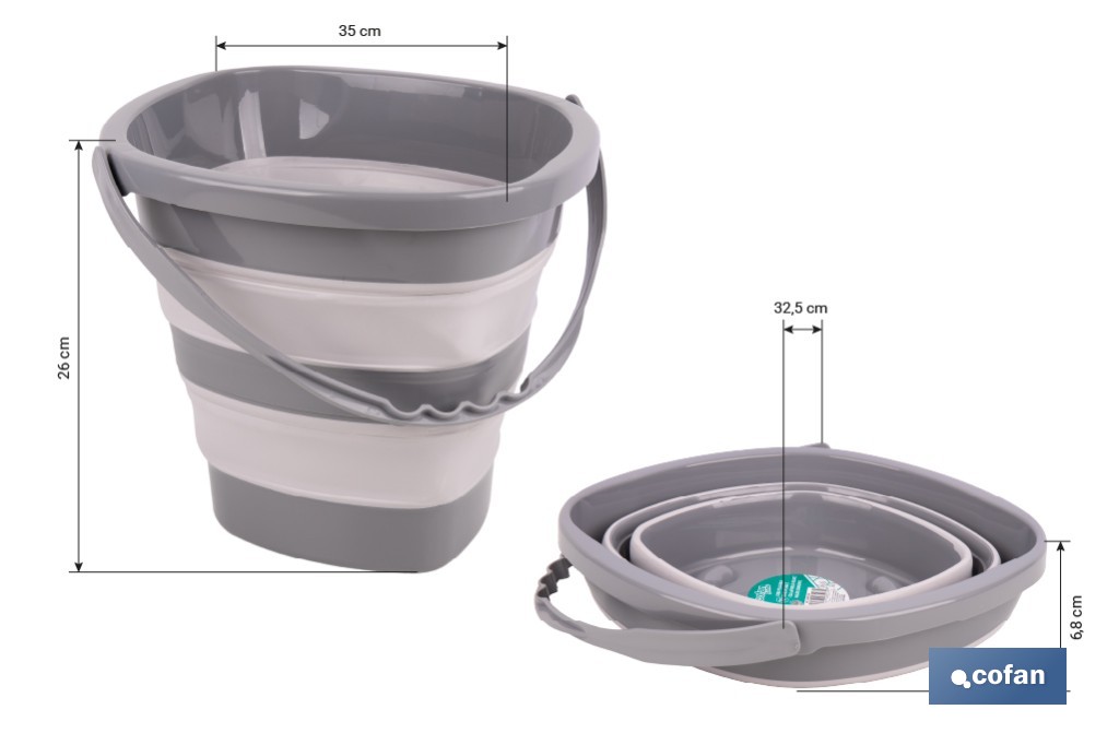 Cubo plegable con asa con 11 litros de capacidad | Color: Gris y blanco | Ahorro de espacio, fácil almacenamiento y transporte - Cofan