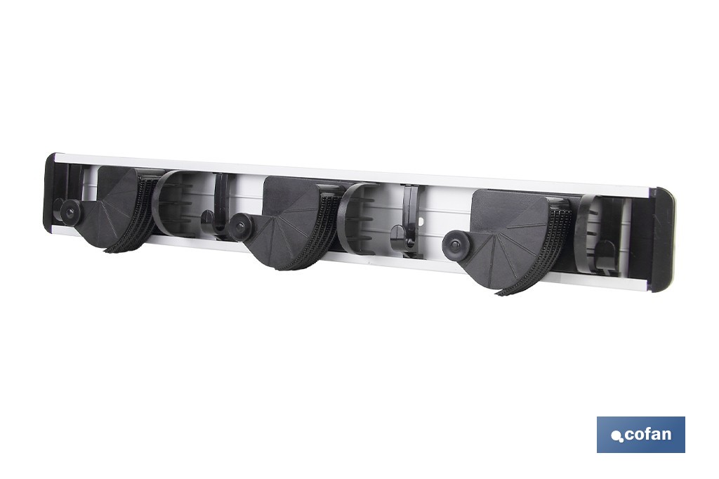 Colgador de escobas y fregonas con 3 soportes y 4 ganchos | Organizador de pared fuerte, práctico y ajustable - Cofan