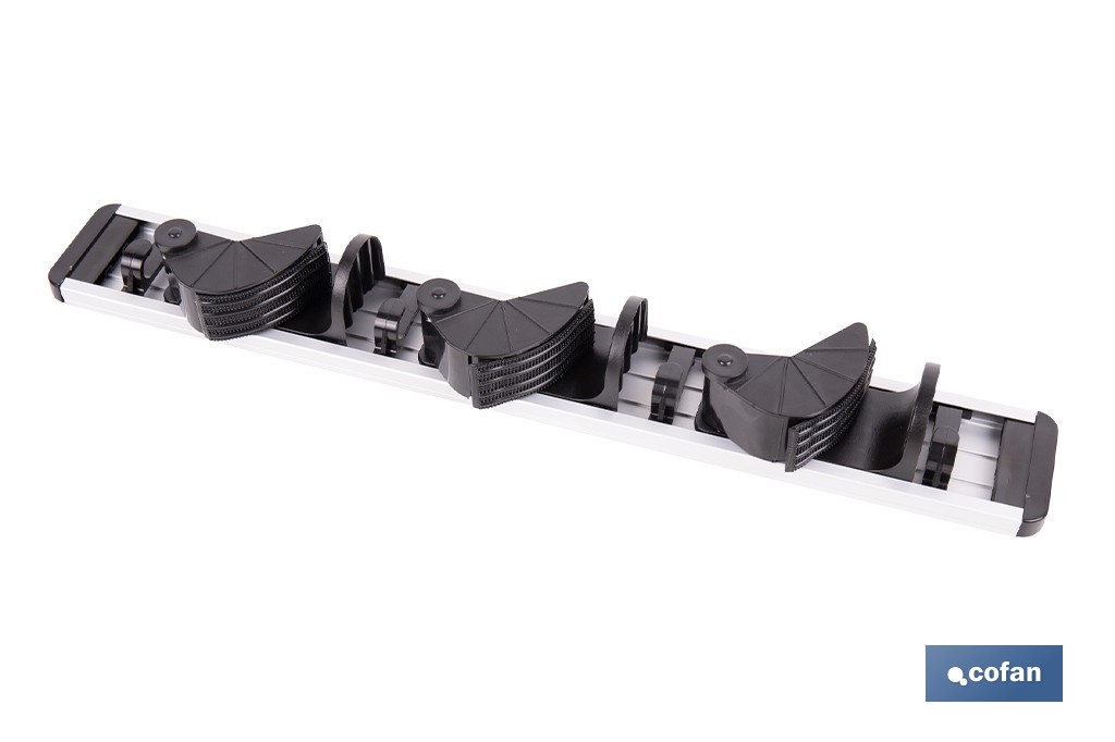 Colgador de escobas y fregonas con 3 soportes y 4 ganchos | Organizador de pared fuerte, práctico y ajustable - Cofan