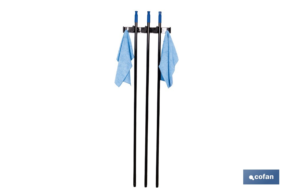 Colgador de escobas y fregonas con 3 soportes y 4 ganchos | Organizador de pared fuerte, práctico y ajustable - Cofan