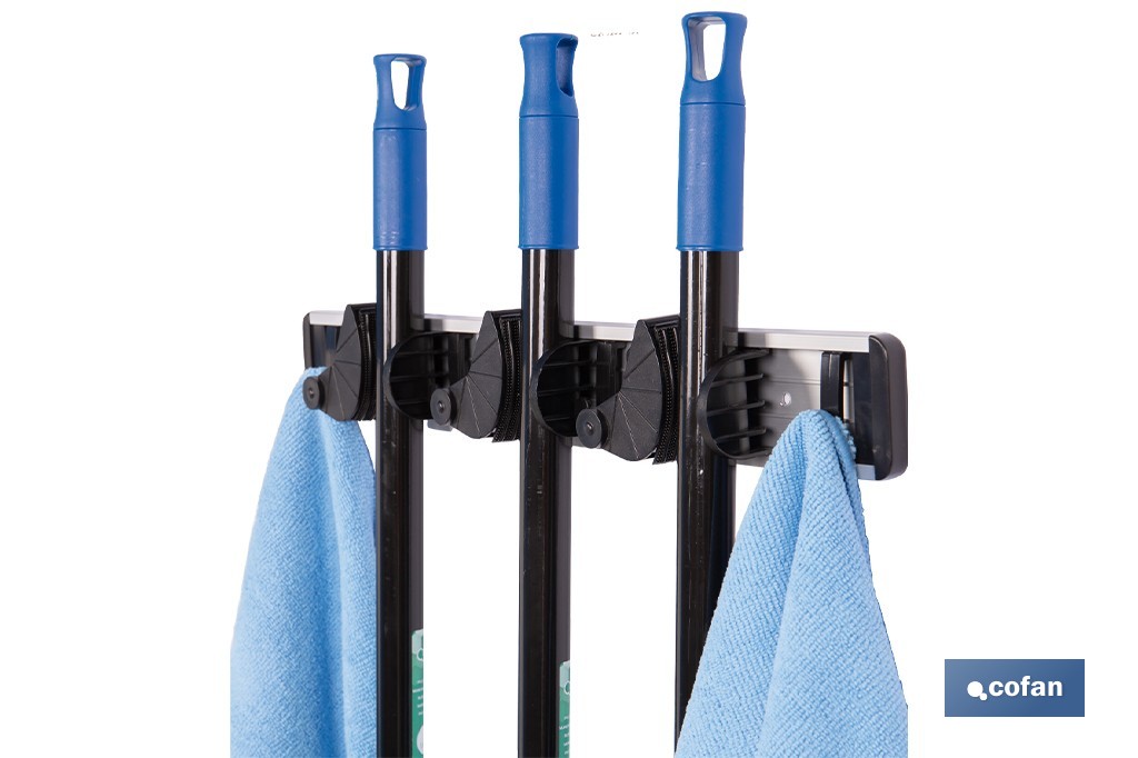 Colgador de escobas y fregonas con 3 soportes y 4 ganchos | Organizador de pared fuerte, práctico y ajustable - Cofan