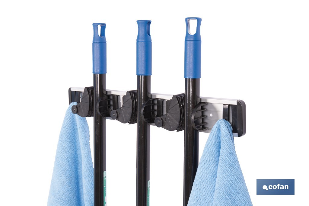 Colgador de escobas y fregonas con 3 soportes y 4 ganchos | Organizador de pared fuerte, práctico y ajustable - Cofan