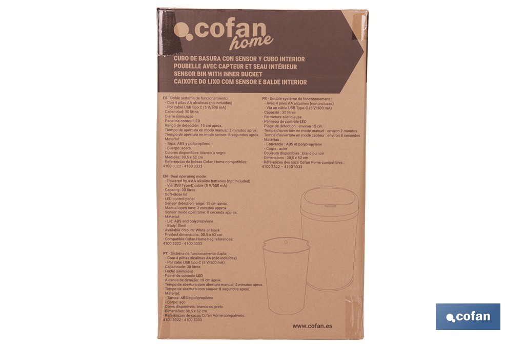 Cubo de basura con sensor de movimiento | Apertura automática y cubo interior extraíble | Disponible en diferentes colores y capacidades - Cofan