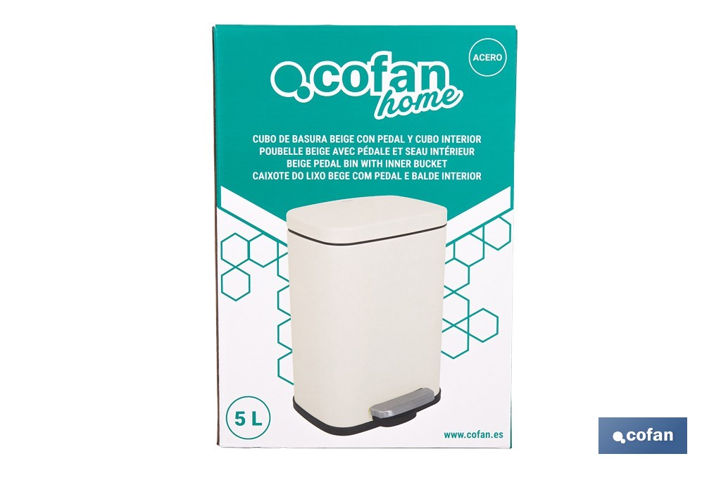 Cubo de basura beige con pedal y cubo interior | Papelera metálica para baño y cocina con cierre suave | Recubrimiento antihuellas | Disponible en diferentes capacidades - Cofan